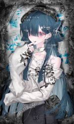  1girl absurdres bag belt black_nails black_skirt blue_hair bug butterfly collarbone commission ear_piercing earrings english_text fashion hair_ornament hair_over_one_eye hairclip highres jewelry long_hair long_sleeves looking_at_viewer mihuashi_commission nail_polish nnk_(nongnong) original piercing ring shirt shuangyaji skirt sleeves_past_wrists solo tattoo too_many_watermarks very_long_hair vivienne_westwood watermark white_shirt yabi_fashion 