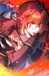  2boys antenna_hair artist_name back-to-back black_coat black_gloves bleeding blood blood_from_forehead blood_from_mouth blood_on_face blue_hair closed_mouth coat collared_coat collared_shirt commentary crossed_bangs diluc_(genshin_impact) embers english_commentary fire genshin_impact gloves grey_shirt hair_between_eyes hand_up kaeya_(genshin_impact) long_hair long_sleeves low_ponytail male_focus multicolored_gloves multiple_boys open_clothes open_coat perdizzion ponytail red_background red_eyes red_gloves red_hair serious shadow shirt sidelocks sleeve_cuffs solo_focus tassel two-tone_gloves upper_body v-shaped_eyebrows vest white_vest 