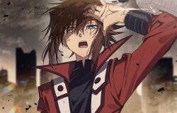  1boy black_shirt blurry blurry_background brown_hair commentary_request green_eyes heterochromia highres jacket male_focus red_jacket shirt solo twitter_username watermark yellow_eyes yoshio_296 yu-gi-oh! yu-gi-oh!_gx yuki_judai 