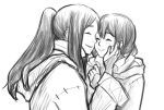  2girls ^_^ arms_up bangs blush bridal_gauntlets cheek-to-cheek closed_eyes commentary dekodomo fire_emblem fire_emblem:_kakusei gloves hair_between_eyes hands_on_another&#039;s_cheeks hands_on_another&#039;s_face hooded_jacket jacket long_hair long_sleeves mark_(fire_emblem) monochrome mother_and_daughter multiple_girls my_unit nintendo parted_bangs ponytail rough short_hair simple_background sketch smile wavy_hair white_background white_skin 