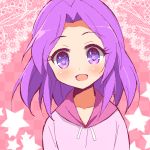  1girl 9law :d aikatsu! blush hoodie kanzaki_mizuki long_hair open_mouth purple_hair smile solo star violet_eyes young 