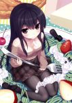  1girl absurdres bare_shoulders black_eyes black_hair black_legwear breasts cleavage cream food food_on_body food_on_face fork fruit highres loafers long_hair looking_at_viewer minamura_haruki navel pantyhose pasta plaid plaid_skirt pleated_skirt scan shoes sitting skirt smile solo strawberry wariza 