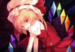  1girl blonde_hair fangs flandre_scarlet hat open_mouth philomelalilium red_eyes short_hair side_ponytail solo touhou wings 