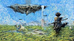  1boy 2girls absurdres armor black_hair black_tunic blonde_hair blue_dress blue_sky breastplate cassie_(shadow_slave) day dress floating_island full_body highres ignoramoose long_hair multiple_girls nephis_(shadow_slave) outdoors scabbard shadow_slave sheath short_hair shoulder_pads sky standing sunny_(shadow_slave) tunic water waterfall 