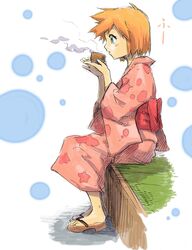  1girl blush full_body green_eyes holding hot_drink japanese_clothes kasumi_(pokemon) kimono orange_hair pokemon pokemon_(anime) profile ribbon rough sandals sei_jun short_hair sitting solo 