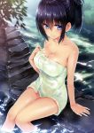  1girl absurdres arm_support bangs bare_shoulders black_hair blue_eyes breasts cleavage feet_in_water hair_between_eyes highres hisashi_(nekoman) large_breasts onsen ponytail scan shiny shiny_skin sitting smile soaking_feet solo sparkle steam towel water wet 