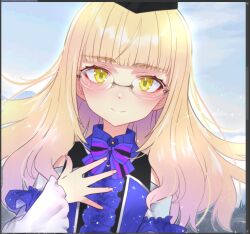  1girl alternate_costume aohashi_ame blonde_hair blue_background blue_dress blush dress garrison_cap glasses hat long_hair perrine_h._clostermann simple_background smile solo strike_witches world_witches_series yellow_eyes 