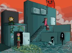 1boy 1girl 1other antenna_hair arms_at_sides black_eyes black_hair black_socks brown_eyes brown_hair brown_shorts chara_(undertale) character_request clouds colored_skin crossover door flower flowey_(undertale) grass green_sweater knees_up madotsuki matsutsu1105 omori omori_(omori) orange_sky outdoors pixel_art red_skirt red_sweater short_hair shorts sitting skirt sky socks something_(omori) stairs standing sweater undertale utdr_(toby_fox) water white_skin yume_nikki