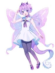  +_+ 1girl absurdres bare_shoulders butterfly_wings clenched_hands dragon_ears dragon_girl dragon_horns dragon_tail dragon_wings dress fairy fairy_wings fins flat_chest happy head_fins highres hiro_0607 horns insect_wings laffy_(oc) looking_at_viewer non-web_source open_mouth original pantyhose patterned_background petite purple_hair purple_pantyhose purple_ribbon ribbon salute shoes short_hair short_sleeves solo sparkling_eyes standing tail transparent_background violet_eyes white_dress wings 
