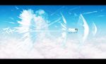  1girl above_clouds asgr bed black_hair blanket clouds condensation_trail highres nose_bubble original sky sleeping sonic_boom translated 
