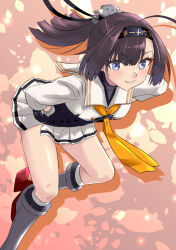  1girl akizuki_(kancolle) akizuki_kai_ni_(kancolle) black_hair black_headband boots feet_out_of_frame grey_boots grey_eyes hands_on_own_hips head_only headband highres kantai_collection long_hair neckerchief nekotarou_(nktr299) orange_neckerchief pleated_skirt rudder_footwear sailor_collar shirt skirt smile solo white_sailor_collar white_shirt white_skirt 