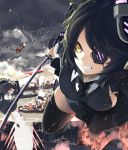  2girls airplanes clouds explosion eyepatch fire glaive grin headgear kantai_collection mechanical_halo multiple_girls necktie personification purple_hair rikkido school_uniform ship short_hair sky smile sword tatsuta_(kantai_collection) tenryuu_(kantai_collection) thighhighs violet_eyes weapon yellow_eyes 