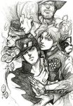  5boys bud_(korovsme) dog emerald graphite_(medium) hat hermit_purple iggy_(jojo) jean_pierre_polnareff jojo_no_kimyou_na_bouken joseph_joestar kakyouin_noriaki kuujou_joutarou mohammed_avdol monochrome multiple_boys stand_(jojo) traditional_media 