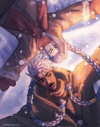  1boy 1girl angel1naax arcane:_league_of_legends asymmetrical_bangs blue_hair braid coat commentary couple dark-skinned_male dark_skin ekko_(league_of_legends) english_commentary highres jacket jinx_(league_of_legends) league_of_legends mohawk scarf snow snowing twin_braids undercut white_hair winter_clothes winter_coat 
