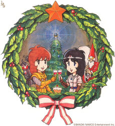  1980s_(style) 1girl armor bandai bandai_namco belt black_hair brown_hair cake christmas christmas_ornaments christmas_tree circlet cup dress drinking_glass druaga_no_tou elbow_gloves food fur-trimmed_headwear fur_trim gilgamesh_(druaga) gloves gold_armor hat holding holding_sack jewelry ki_(druaga) long_hair multiple_boys namco necklace official_art open_mouth retro_artstyle sack santa_costume santa_hat shinozaki_yuichiro smile white_background wine_glass 