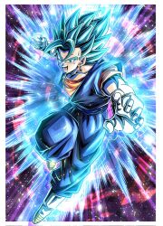  1boy aura blue_eyes blue_hair blue_pants blue_sash blue_shirt boots border clenched_hand commentary_request dragon_ball dragon_ball_super earrings full_body gloves highres jewelry male_focus medium_hair orange_shirt pants potara_earrings sash shirt solo spiky_hair super_saiyan super_saiyan_blue ushi_(akabec0) vegetto white_boots white_border white_gloves 