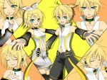  1boy 1girl blonde_hair closed_eyes colored darklowell finger_to_mouth green_eyes hair_ornament hairclip headphones kagamine_len kagamine_rin outstretched_arms short_hair smile vocaloid wink 