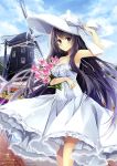  1girl absurdres artist_request bare_shoulders blush dress flower hat highres lace-trimmed_dress long_hair looking_at_viewer purple_hair scan sky smile solo sparkle standing sun_hat very_long_hair violet_eyes white_dress windmill 