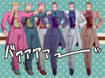  6+boys black_hair blonde_hair formal jojo_no_kimyou_na_bouken kira_yoshikage multiple_boys multiple_persona necktie pointing purple_hair suit torisute 