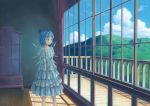  1girl alternate_costume armoire arms_behind_back blue_hair bow cirno cloudy_sky curtains hair_bow miso_pan mountain paint_(medium) shadow short_hair solo sunlight touhou traditional_media window wings wooden_floor 