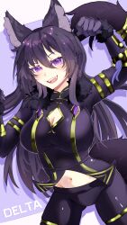  1girl absurdres animal_ears black_hair breasts character_name currychi delta_(kagejitsu) facial_mark fangs glint hair_between_eyes highres jewelry kage_no_jitsuryokusha_ni_naritakute! long_hair long_sleeves open_mouth solo stomach violet_eyes wolf_ears wolf_girl 