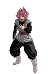  1boy absurdres black_pants black_shirt boots dougi dragon_ball dragon_ball_super earrings full_body goku_black gomadang0417 grey_tunic highres jewelry medium_hair pants pink_hair potara_earrings red_sash sash shirt simple_background single_earring solo spiky_hair super_saiyan super_saiyan_rose tunic white_background white_boots 