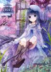  1girl absurdres bangs blunt_bangs blurry boots chair cherry_blossoms depth_of_field dress east_asian_architecture fruit_punch hat highres knee_boots light_smile long_hair original payot petals purple_hair scan see-through_silhouette sitting solo very_long_hair violet_eyes 