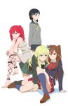  4girls angry ankle_lace-up barefoot black_hair blonde_hair boku_wa_tomodachi_ga_sukunai brown_hair chuunibyou_demo_koi_ga_shitai! cross-laced_footwear crossover dress feet highres kashiwazaki_sena kirigaya_suguha long_hair magi_the_labyrinth_of_magic mark_henry_bustamante morgiana multiple_girls nibutani_shinka pigtail plaid plaid_skirt redhead school_uniform short_hair sitting skirt sweater sword_art_online 