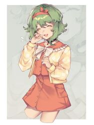  1girl ^^^ a.i._voice absurdres argyle_cardigan argyle_clothes bow_hairband cardigan closed_eyes frilled_sailor_collar frills green_hair gumi gumi_(a.i._voice) hairband hand_on_own_cheek hand_on_own_face hand_up hands_up headband highres laughing open_mouth orange_hairband orange_headband orange_nails orange_sailor_collar orange_shirt orange_skirt pendant_choker sailor_collar shiokaru shirt short_hair_with_long_locks skirt smile solo vocaloid yellow_cardigan zoom_layer 
