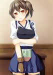  1girl black_legwear blush breasts brown_eyes brown_hair fingerless_gloves gloves japanese_clothes kaga_(kantai_collection) kantai_collection looking_at_viewer muneate open_mouth personification short_hair side_ponytail single_glove solo sweatdrop syuurin thighhighs 
