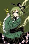  1girl green_eyes green_hair highres ofuda shigureru short_hair soga_no_tojiko solo sparks tateha_(artist) thunder touhou wide_sleeves 