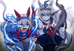  2girls ahoge animal_ears belt black_pantyhose blue_eyes blue_hairband blue_jacket blue_sailor_collar blue_sports_bra brooch crop_top ear_covers ear_ornament elezen elf eye_trail fingerless_gloves gloves grey_hair grey_tail hair_between_eyes hair_ornament hairband headband highres horse_ears horse_girl horse_tail jacket jewelry light_trail lightning_bolt_print lightning_bolt_symbol long_hair long_sleeves midriff multicolored_hair multicolored_hairband multiple_girls navel neckerchief oguri_cap_(starlight_beat)_(umamusume) oguri_cap_(umamusume) open_mouth pants pantyhose pleated_skirt pointy_ears red_belt red_headband red_neckerchief running sailor_collar shirt skirt snafamo sports_bra star_brooch striped_clothes striped_hairband sweat tail tamamo_cross_(umamusume) tamamo_cross_(with_lightning_speed)_(umamusume) teeth two-tone_hairband umamusume umamusume:_cinderella_gray very_long_hair white_jacket white_pants white_shirt 