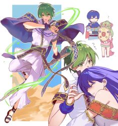  2boys 2girls ? ^_^ blue_hair closed_eyes commentary_request covering_another's_eyes dress elice_(fire_emblem) fire_emblem fire_emblem:_mystery_of_the_emblem full_body green_hair highres holding holding_staff hug long_hair marth_(fire_emblem) merric_(fire_emblem) multiple_boys multiple_girls multiple_views staff surprised tiki_(fire_emblem) tiki_(young)_(fire_emblem) ushiomi white_dress 