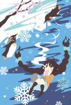  1girl bird bow braid cup hair_bow highres kanchuumimai mug original penguin skirt snowflakes socks steam twin_braids yururi-ra 