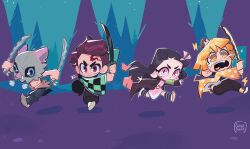  1girl 3boys agatsuma_zenitsu animal_on_head bird bird_on_head bit_gag black_hair black_haori black_jacket black_pants blonde_hair blue_eyes blunt_bangs blunt_ends boar_mask brown_eyes brown_hair checkered_haori chibi chibi_only clenched_hands closed_mouth colored_tips crying crystalbeastie demon_slayer_uniform dual_wielding earrings fighting_stance full_body furrowed_brow gag hair_ribbon hanafuda_earrings haori hashibira_inosuke heavy_breathing highres holding holding_sword holding_weapon jacket japanese_clothes jewelry kamado_nezuko kamado_tanjirou katana kimetsu_no_yaiba kimono long_hair multicolored_hair multiple_boys on_head open_mouth outdoors outstretched_arms pants pink_eyes pink_kimono pink_ribbon print_haori red_hair ribbon running scar scar_on_face scar_on_forehead smile streaming_tears sword tears topless_male tusks wavy_mouth weapon yellow_eyes 