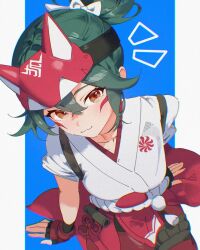  1girl :3 animal_ears animification belt black_gloves blue_background blurry blush bow breasts brown_eyes closed_mouth commentary cowboy_shot depth_of_field english_commentary eyebrows_visible_through_mask facial_mark fake_animal_ears fingerless_gloves forehead_protector fox_ears fox_mask gloves green_hair hair_between_eyes hair_bow hakama hakama_short_skirt hakama_skirt half_mask headband hectorrambito high_ponytail highres japanese_clothes kimono kiriko_(overwatch) looking_at_viewer looking_up mask mask_on_head medium_breasts ninja notice_lines obi orange_eyes outside_border overwatch pants pantyhose pelvic_curtain pillarboxed ponytail raised_eyebrow red_gloves red_pants red_pantyhose red_skirt rope_belt sash seiza sheath shirt short_hair short_sleeves single_bare_arm sitting skirt smile solo solo_focus thigh_sheath thigh_strap topknot white_bow white_kimono white_shirt 