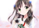  1girl black_hair blush camera gochou_(atemonai_heya) green_eyes mitani_kanae pentax school_uniform smile solo tamayura 