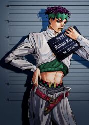  1boy 39zaku39 belt belt_buckle black_eyes buckle commentary_request crop_top diamond_wa_kudakenai earrings green_headband green_sweater grey_jacket grey_pants hand_on_own_hip headband height_chart highres holding holding_sign jacket jewelry jojo_no_kimyou_na_bouken kishibe_rohan makeup male_focus midriff navel orange_lips pants purple_hair red_belt shadow sign solo sweater 