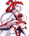  1girl armor bow_(weapon) breasts clenched_teeth crossbow large_breasts navel senki_zesshou_symphogear silver_hair solo thighhighs weapon yude yukine_chris 