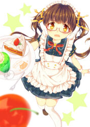  1girl apron black_dress blush bow bowtie brown_eyes brown_hair cake cake_slice cherry clumsy collared_dress commentary dress food foot_out_of_frame fork frilled_apron frills from_above fruit glasses hair_ribbon holding holding_tray ice_cream ice_cream_float long_hair looking_at_viewer looking_up maid maid_apron maid_headdress melon_soda open_mouth original plate pleated_dress red-framed_eyewear red_bow red_bowtie ribbon ribbon-trimmed_sleeves ribbon_trim semi-rimless_eyewear shiramori_sawa solo standing star_(symbol) star_symbol_background strawberry strawberry_cake striped_bow striped_bowtie striped_clothes thigh-highs top_of_moe_2015 tray twintails under-rim_eyewear white_background white_thighhighs white_wrist_cuffs worried wrist_cuffs yellow_ribbon 