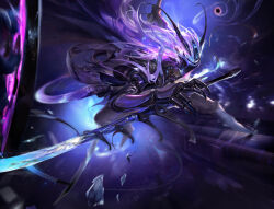  1other antennae armor claws energy_hair glowing glowing_hair highres holding holding_sword holding_weapon long_hair original rabbit_(tukenitian) solo space sword weapon 