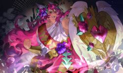  1girl clenched_hand collarbone commentary cookie_run cookie_run:_kingdom cowboy_shot english_commentary flower fog hair_between_eyes hair_flower hair_ornament heart-shaped_ornament highres holding holding_shield hollyberry_cookie light_particles long_hair looking_to_the_side muscular muscular_female open_mouth pink_eyes pink_hair pink_skirt shield shirt skirt solo teeth toga tongue very_long_hair white_shirt wing_hair_ornament wing_ornament yusu_zune 