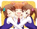  brown_eyes brown_hair futami_ami futami_mami grin hug idolmaster long_hair orange_hair school_uniform siblings side_ponytail smile takatsuki_yayoi twins twintails 