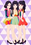  3girls asymmetrical_clothes a~chan bangs bare_legs black_hair blue_eyes blunt_bangs bob_cut dress floral_print hand_on_another&#039;s_hip hand_on_hip hand_on_own_face high_heels highres kashiyuka kise_(swimmt) long_hair looking_at_viewer multiple_girls nocchi_(perfume) perfume ponytail red_eyes shoes short_hair short_sleeves simple_background skirt smile standing violet_eyes 