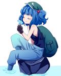  1girl adapted_costume backpack bag bare_arms bare_shoulders black_gloves blue_hair closed_eyes flower gloves hair_bobbles hair_ornament hat ica kawashiro_nitori pants simple_background sitting_on_rock sleeveless sleeveless_shirt smelling_flower smile solo touhou twintails water white_background 