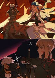  1girl 2boys archer_(fate) artoria_pendragon_(fate) blonde_hair blue_hair braid bun_with_braided_base code3755 cu_chulainn_(fate) dark_persona excalibur_morgan_(fate) fate/grand_order fate_(series) hair_bun highres multiple_boys saber_alter single_hair_bun white_hair yellow_eyes 