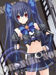  1girl black_hair bow breasts choujigen_game_neptune kagura_ittou kami_jigen_game_neptune_v long_hair looking_at_viewer midriff navel noire red_eyes smile solo twintails 