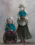  2girls apron blanket blue_eyes cookie cookie_clicker dual_persona eyelashes food gem glasses grandma_(cookie_clicker) green_hair grey_hair high_heels highres jewelry lipstick long_hair long_skirt looking_at_viewer makeup multiple_girls necklace old_woman plate pompa rolling_pin semi-rimless_glasses skirt slippers smile under-rim_glasses waist_apron wheelchair wrinkles young 