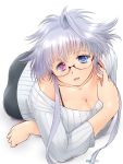  1girl ass blue_eyes blue_hair breasts cleavage glasses heterochromia long_hair looking_at_viewer lying original pink_eyes simple_background solo sweater white_background yagisaka_seto 
