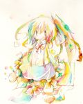  1girl ahoge artist_request bow fish flower original pencil_crayon_(medium) ribbon short_hair sketch skirt solo tagme traditional_media watercolor_(medium) 